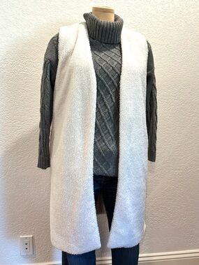 J. Jill Gilet Sleeveless Cardigan Sherpa Long Vest Knee Length Off White Cream
